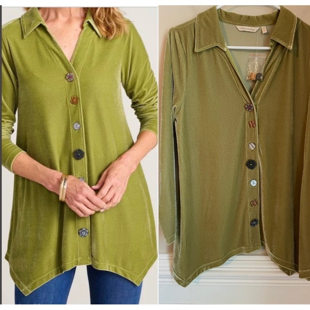 Soft Surroundings Velvet Danielle Button Long Sleeve Tunic Olive Green Size PM